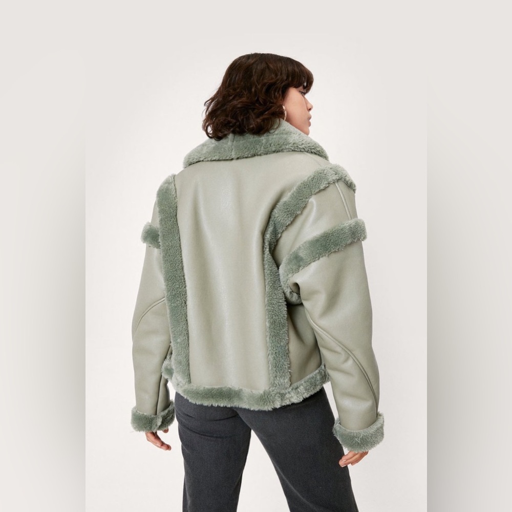 NASTY GAL Faux Fur Lined Faux Leather Aviator Jacket - Sage Green - Picture 7 of 9